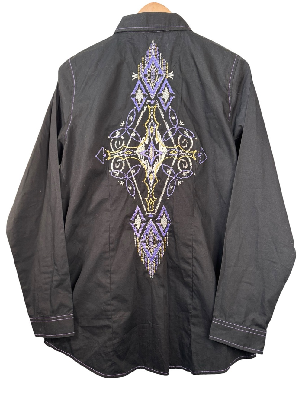 Rock 47 Wrangler Size Large Black Embroidered Rhinestone Snap Cowgirl Shirt